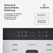 Klarstein Dörrautomat Edelstahl – 4.000-W-Dörrgerät, 48 Edelstahl-Einlegeböden, 30–90 °C, 24-Stunden-Timer, 6 Ventilatoren, 2 Trockenkammern, 50–55 dB, ideal für Obst, Gemüse, Fleisch, Kräuter, Silber