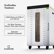 Klarstein Dörrautomat Edelstahl – 4.000-W-Dörrgerät, 48 Edelstahl-Einlegeböden, 30–90 °C, 24-Stunden-Timer, 6 Ventilatoren, 2 Trockenkammern, 50–55 dB, ideal für Obst, Gemüse, Fleisch, Kräuter, Silber