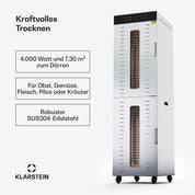 Klarstein Dörrautomat Edelstahl – 4.000-W-Dörrgerät, 48 Edelstahl-Einlegeböden, 30–90 °C, 24-Stunden-Timer, 6 Ventilatoren, 2 Trockenkammern, 50–55 dB, ideal für Obst, Gemüse, Fleisch, Kräuter, Silber