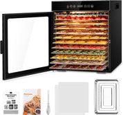 Kwasyo Dörrautomat Edelstahl, Dörrgerät 12 Etagen Ganz in Schwarz, 30-90℃ Temperaturregelung, 24 Stunden Timer, Rezeptheft für Fleisch Obst Gemüse Kräuter, 1000W, LT-09